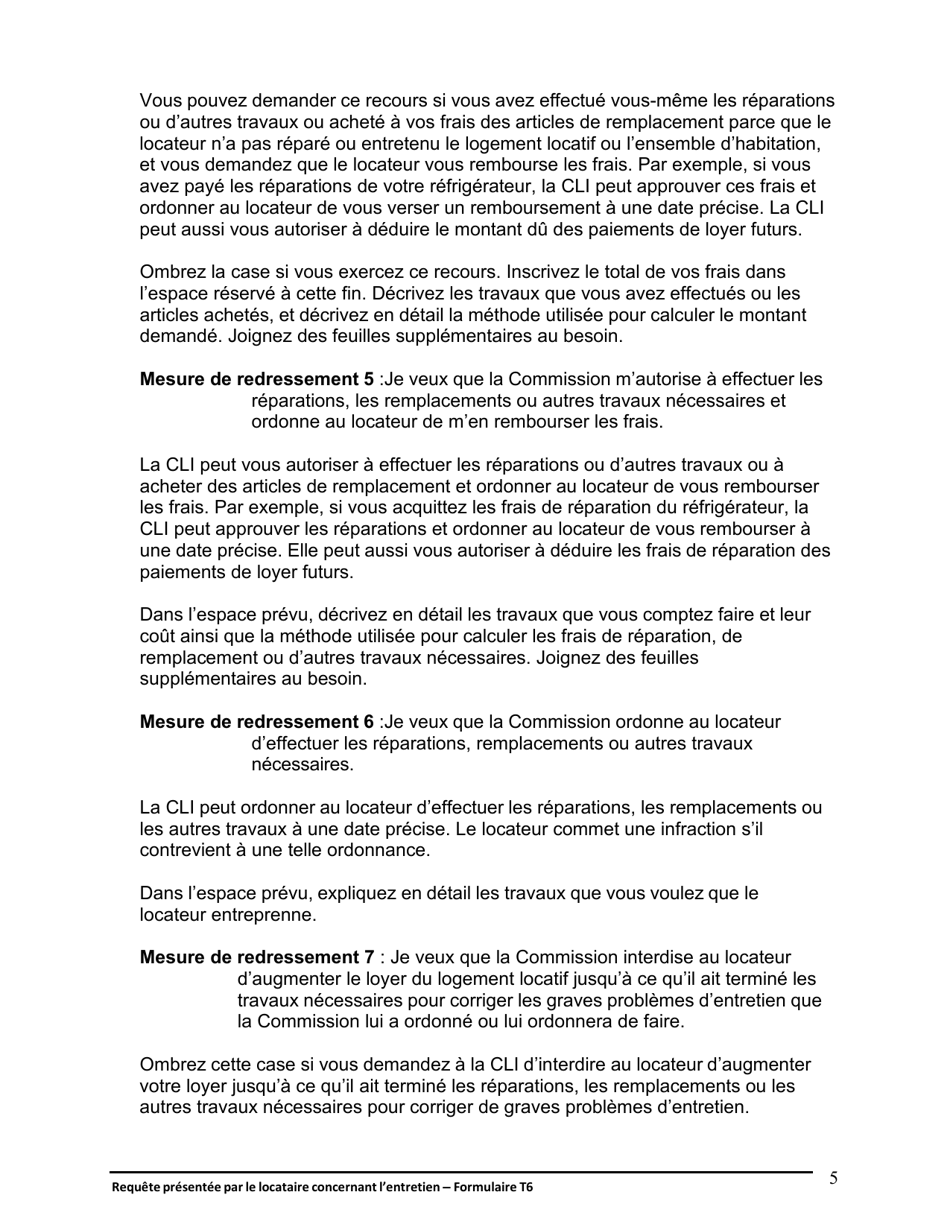 Instruction pour Forme T6 Requete Presentee Par Le Locataire Concernant Lentretien - Ontario, Canada (French), Page 6