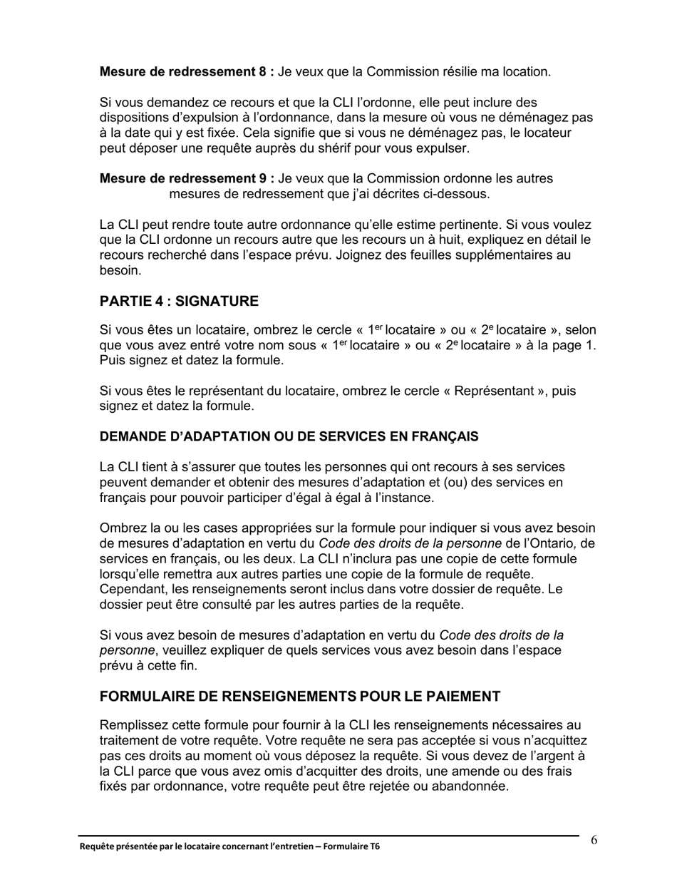 Instruction pour Forme T6 Requete Presentee Par Le Locataire Concernant Lentretien - Ontario, Canada (French), Page 7