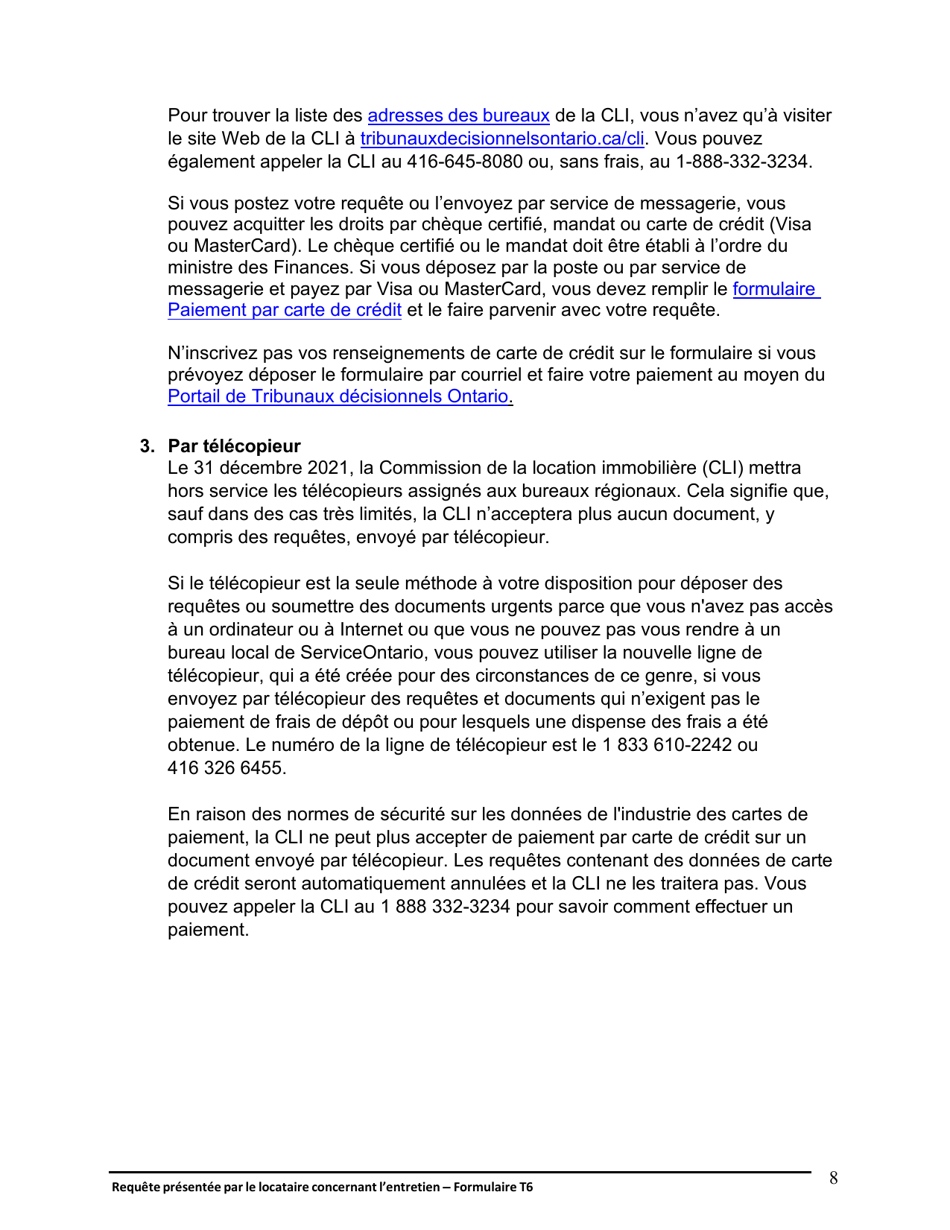 Instruction pour Forme T6 Requete Presentee Par Le Locataire Concernant Lentretien - Ontario, Canada (French), Page 9