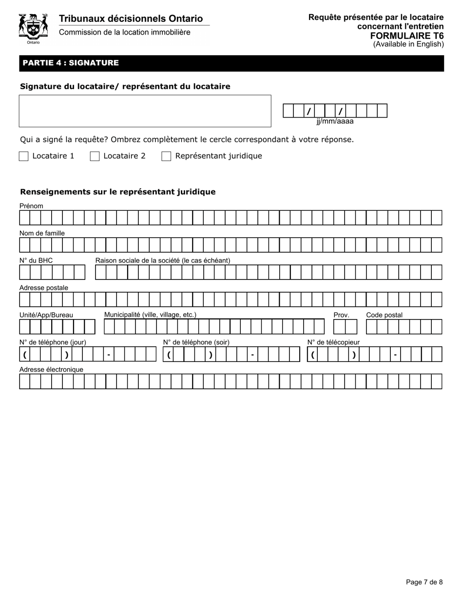 Forme T6 Requete Presentee Par Le Locataire Concernant Lentretien - Ontario, Canada (French), Page 8
