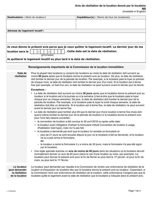 Forme N9 Avis De Resiliation De La Location Donne Par Le Locataire - Ontario, Canada (French)