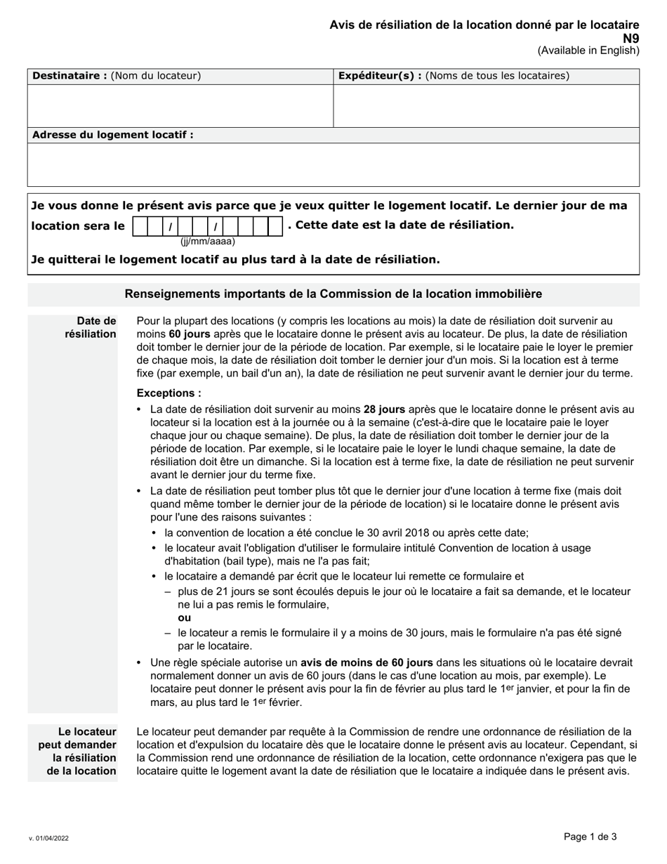 Forme N9 Avis De Resiliation De La Location Donne Par Le Locataire - Ontario, Canada (French), Page 1