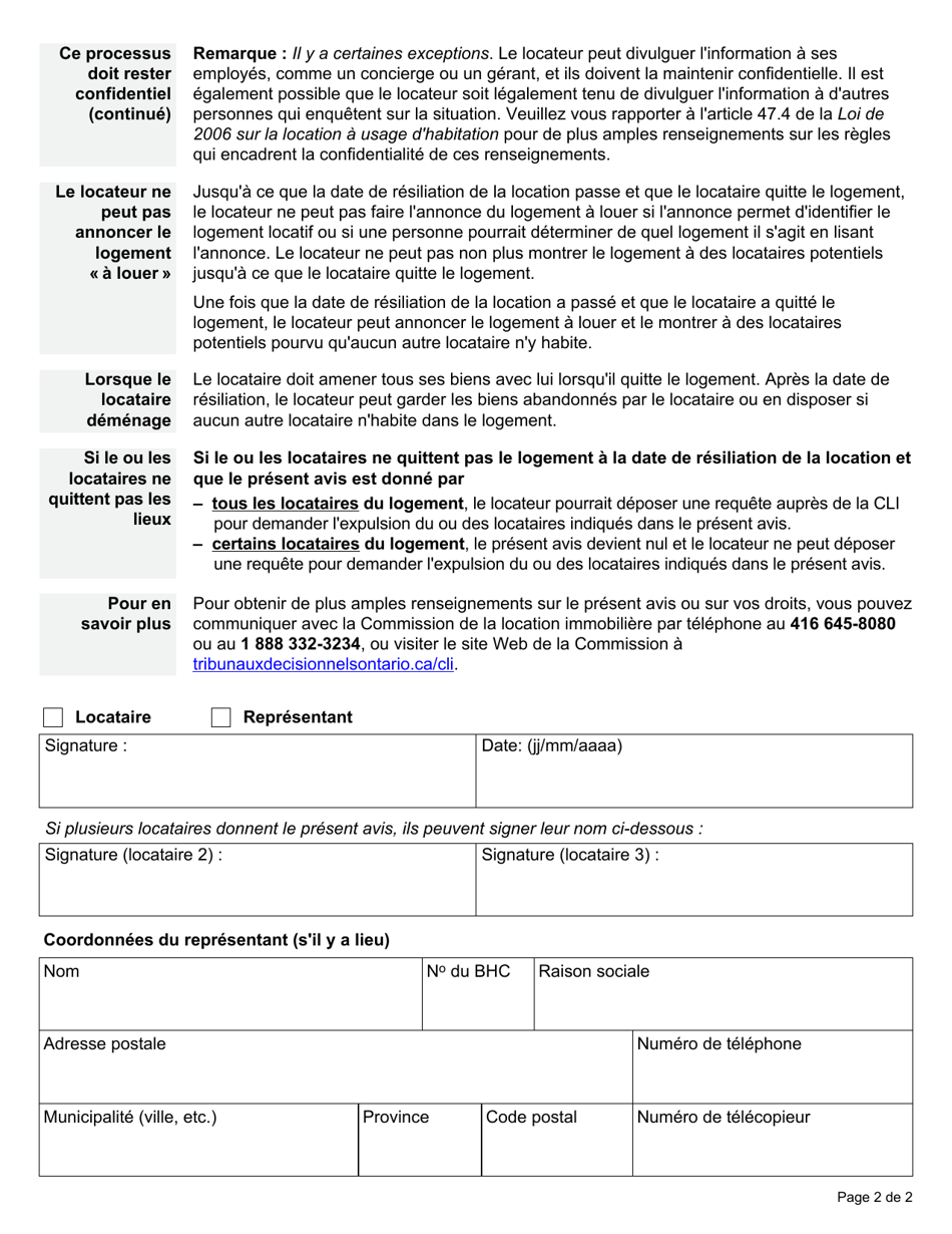 Forme N15 Avis De Resiliation De La Location Donne Par Le Locataire Par Crainte De Violence Sexuelle Ou Familiale Et De Mauvais Traitements - Ontario, Canada (French), Page 2