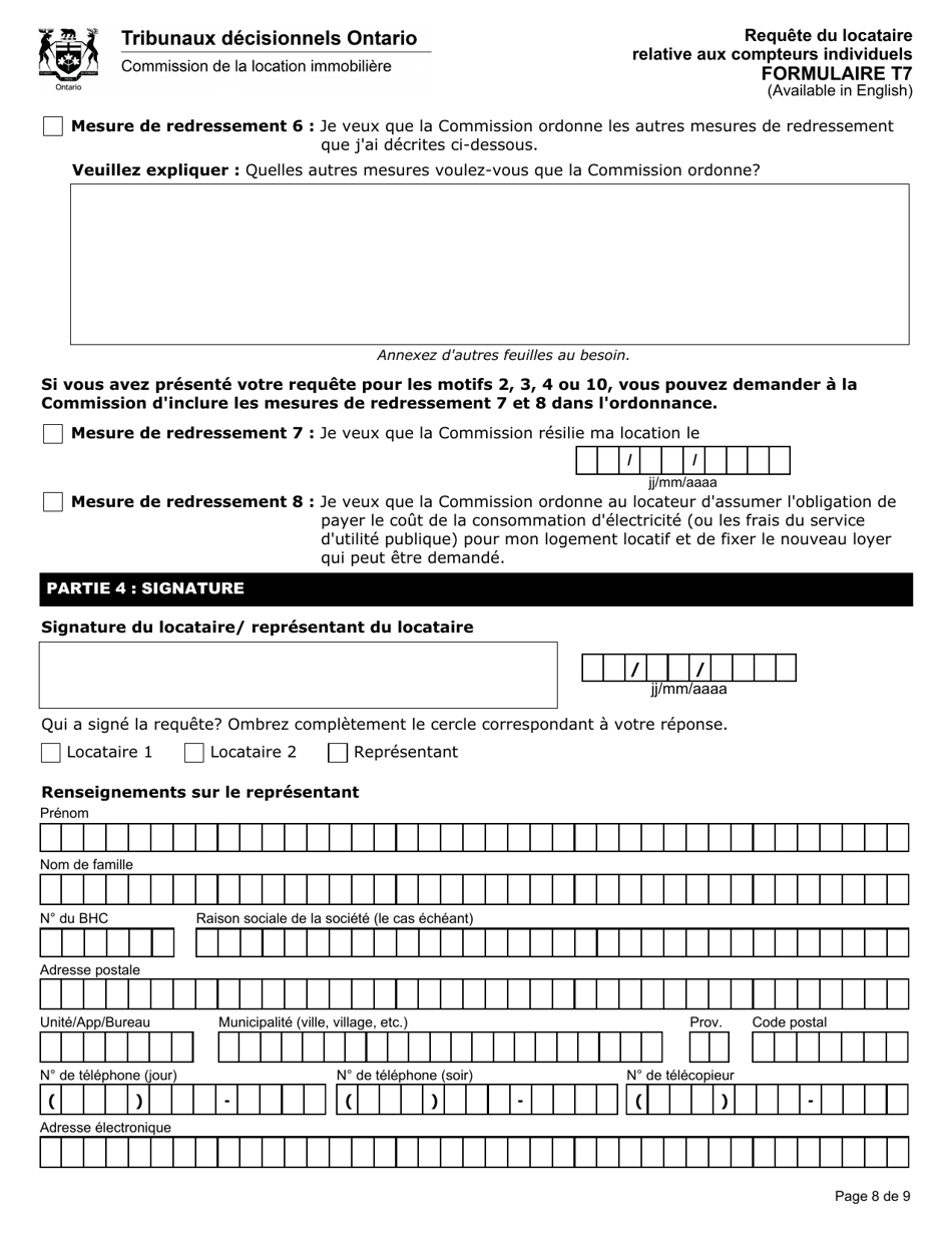 Forme T7 Requete Du Locataire Relative Aux Compteurs Individuels - Ontario, Canada (French), Page 9