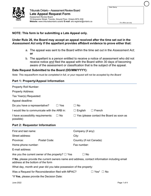Late Appeal Request Form - Ontario, Canada Download Pdf