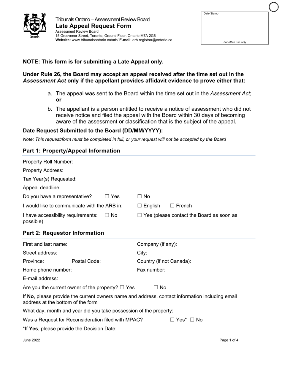 Late Appeal Request Form - Ontario, Canada, Page 1