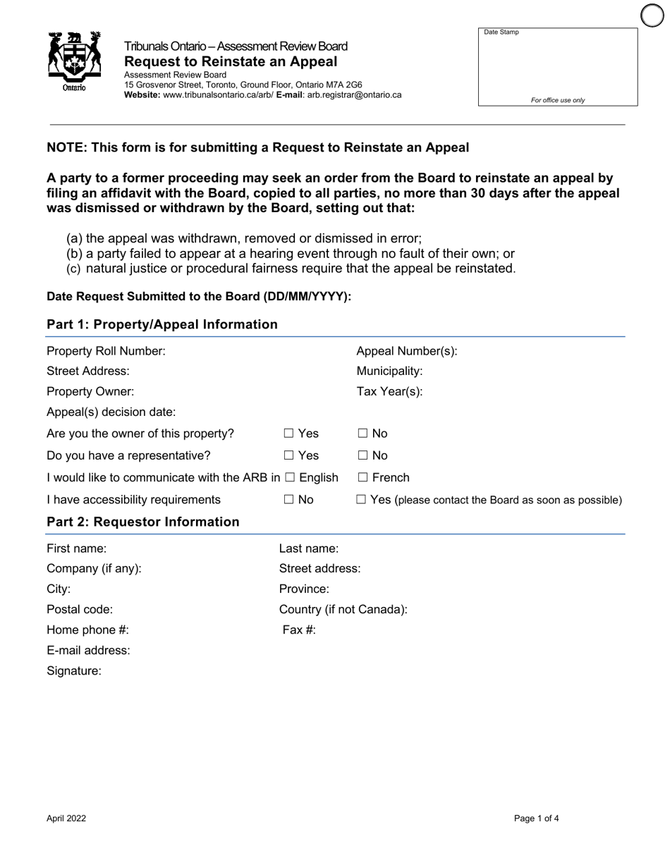 Request to Reinstate an Appeal - Ontario, Canada, Page 1