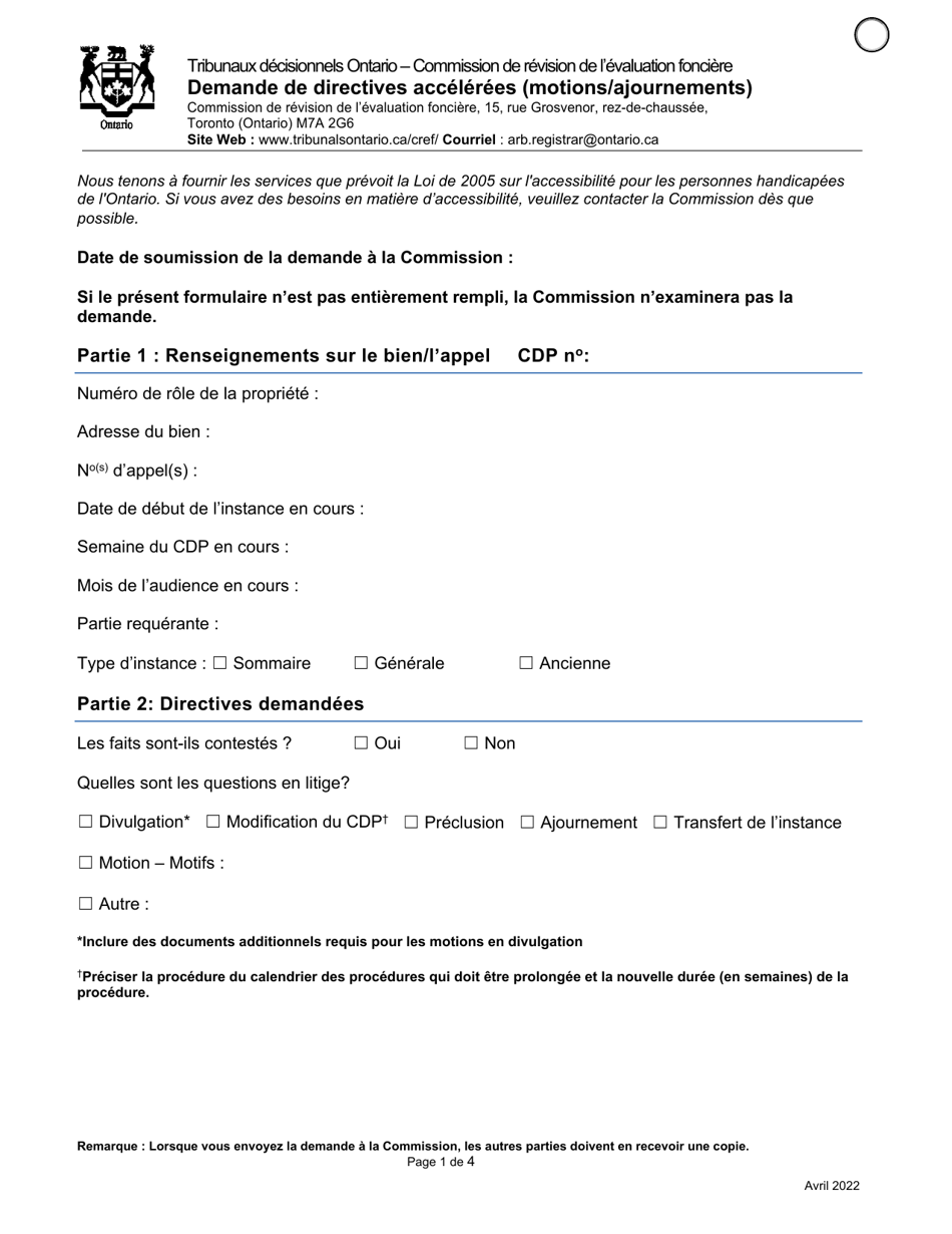 Demande De Directives Accelerees (Motions / Ajournements) - Ontario, Canada (French), Page 1