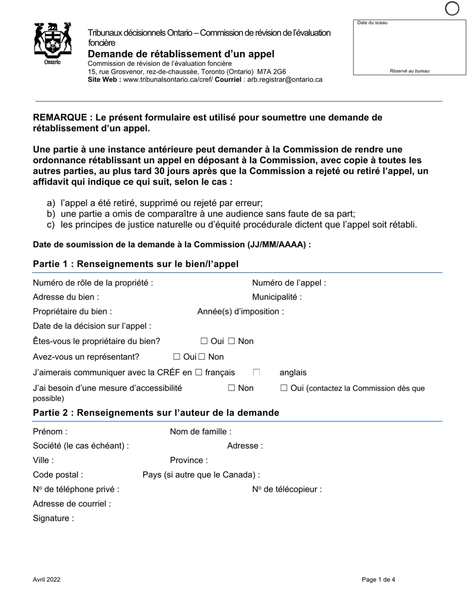 Demande De Retablissement Dun Appel - Ontario, Canada (French), Page 1