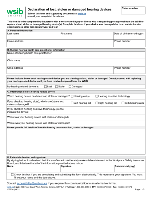 Form 10570A Declaration of Lost, Stolen or Damaged Hearing Devices - Ontario, Canada