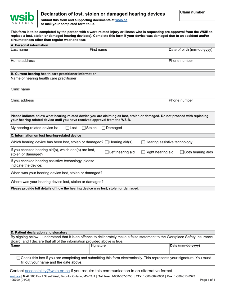 Form 10570A Declaration of Lost, Stolen or Damaged Hearing Devices - Ontario, Canada, Page 1