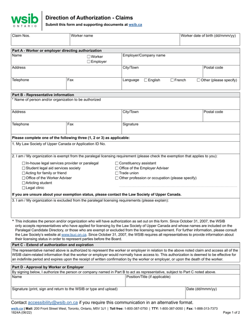 Form 1824A Direction of Authorization - Claims - Ontario, Canada