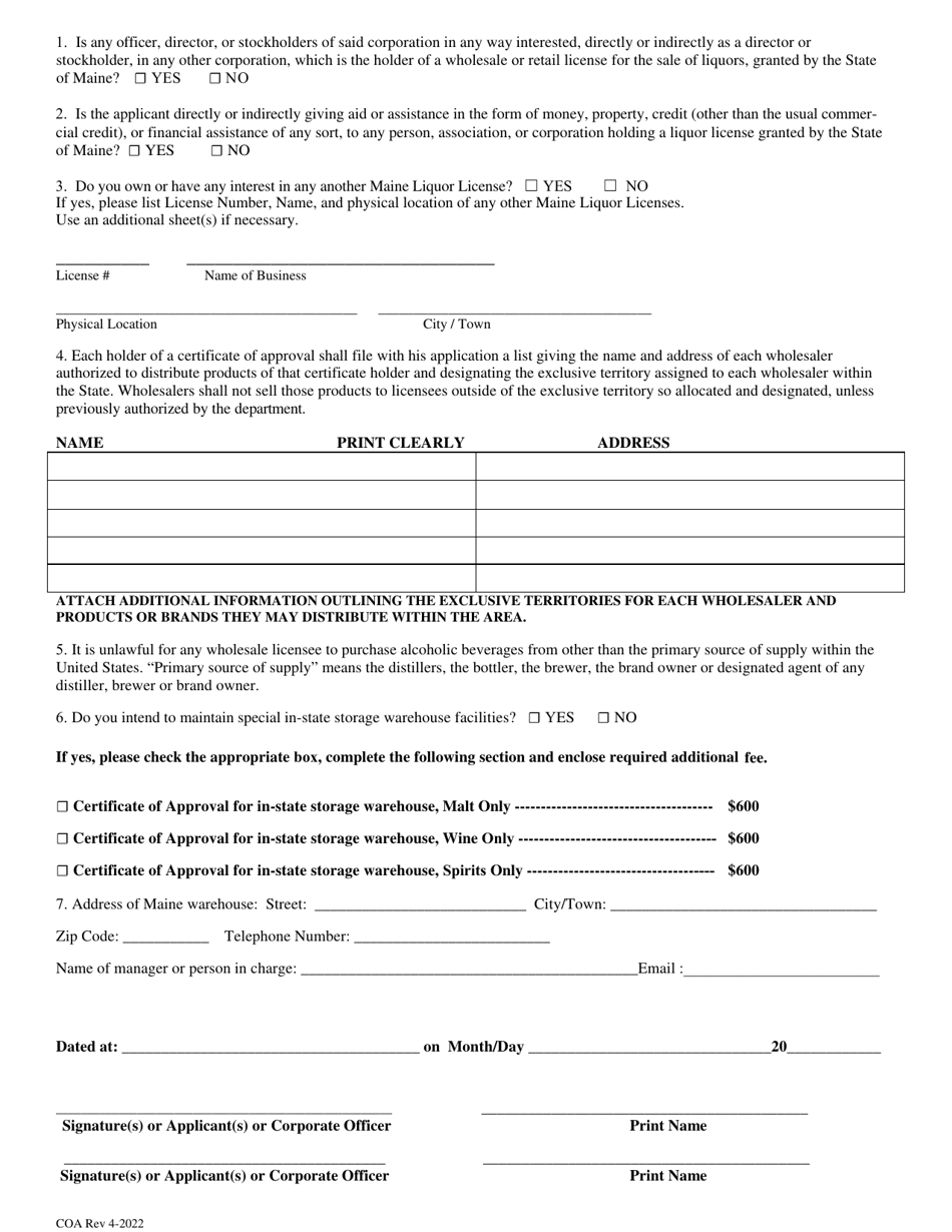Application for Certificate of Approval - Maine, Page 2