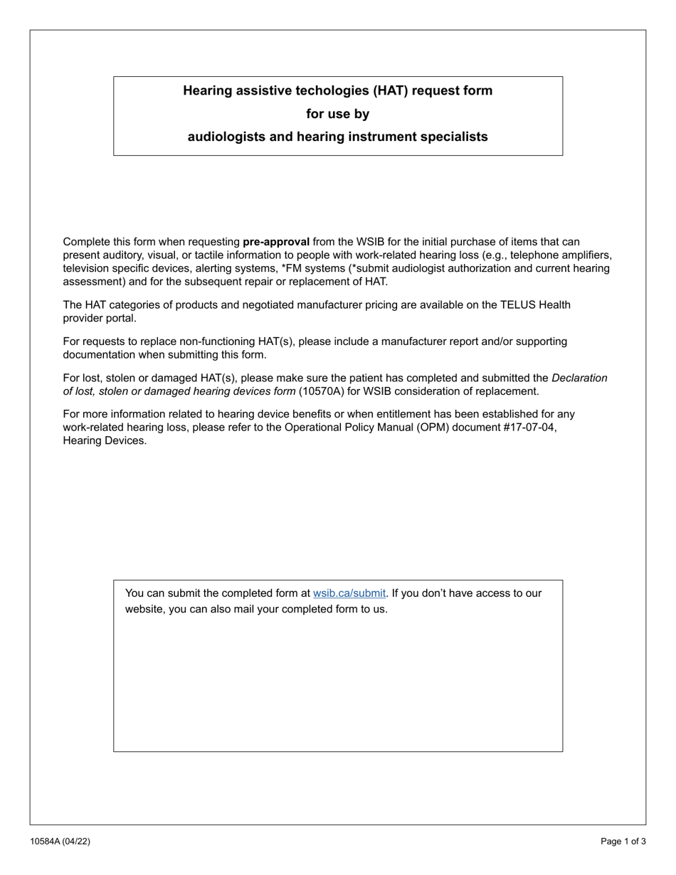 Form 10584A Hearing Assistive Technologies (Hat) Request Form - Ontario, Canada, Page 1