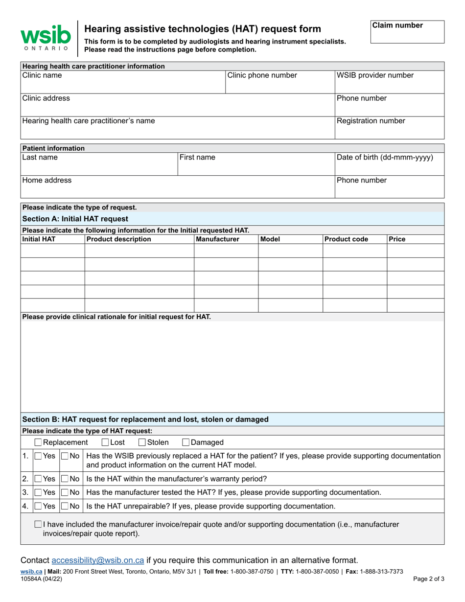 Form 10584A Hearing Assistive Technologies (Hat) Request Form - Ontario, Canada, Page 2