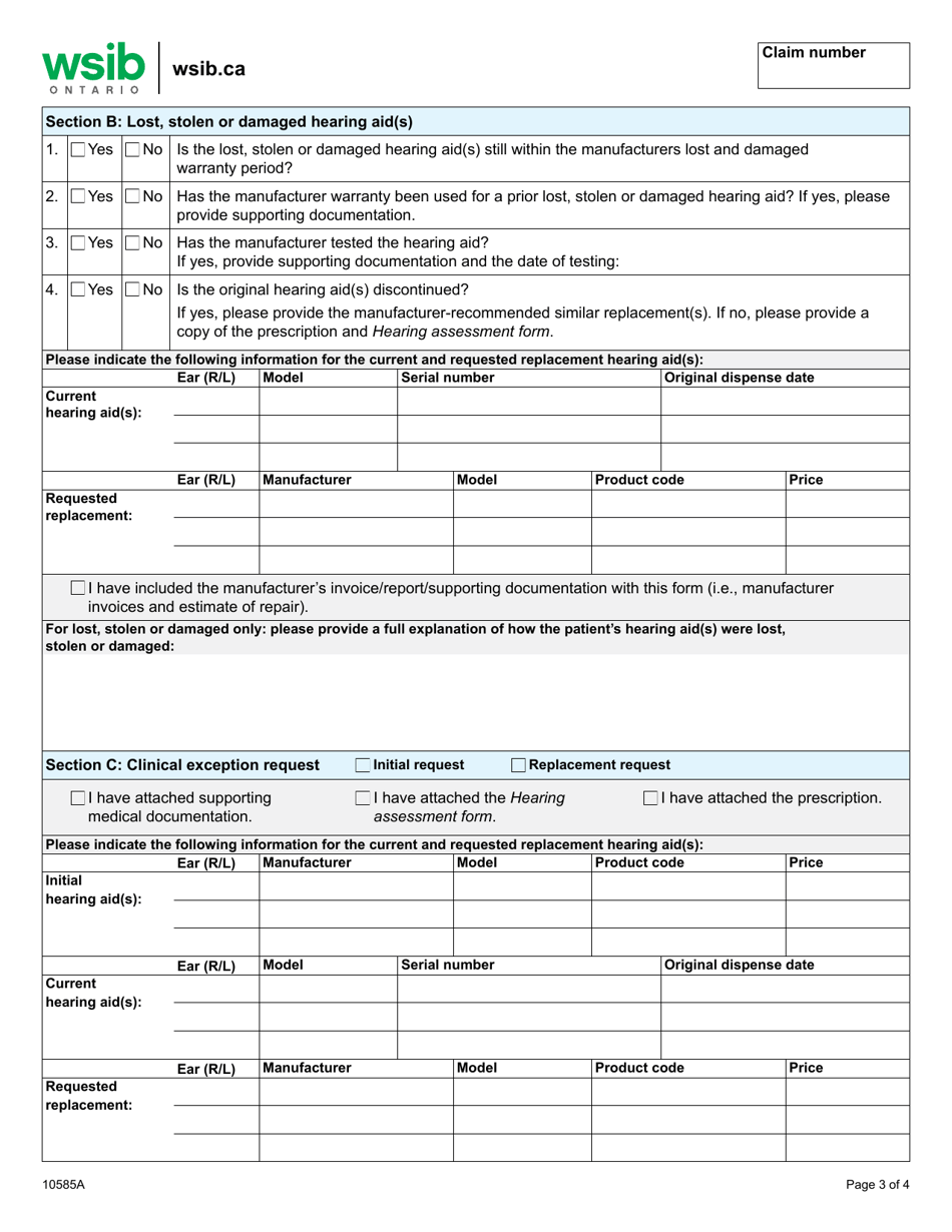 Form 10585A Hearing Aid Replacement and / or Clinical Exception Request Form - Ontario, Canada, Page 3