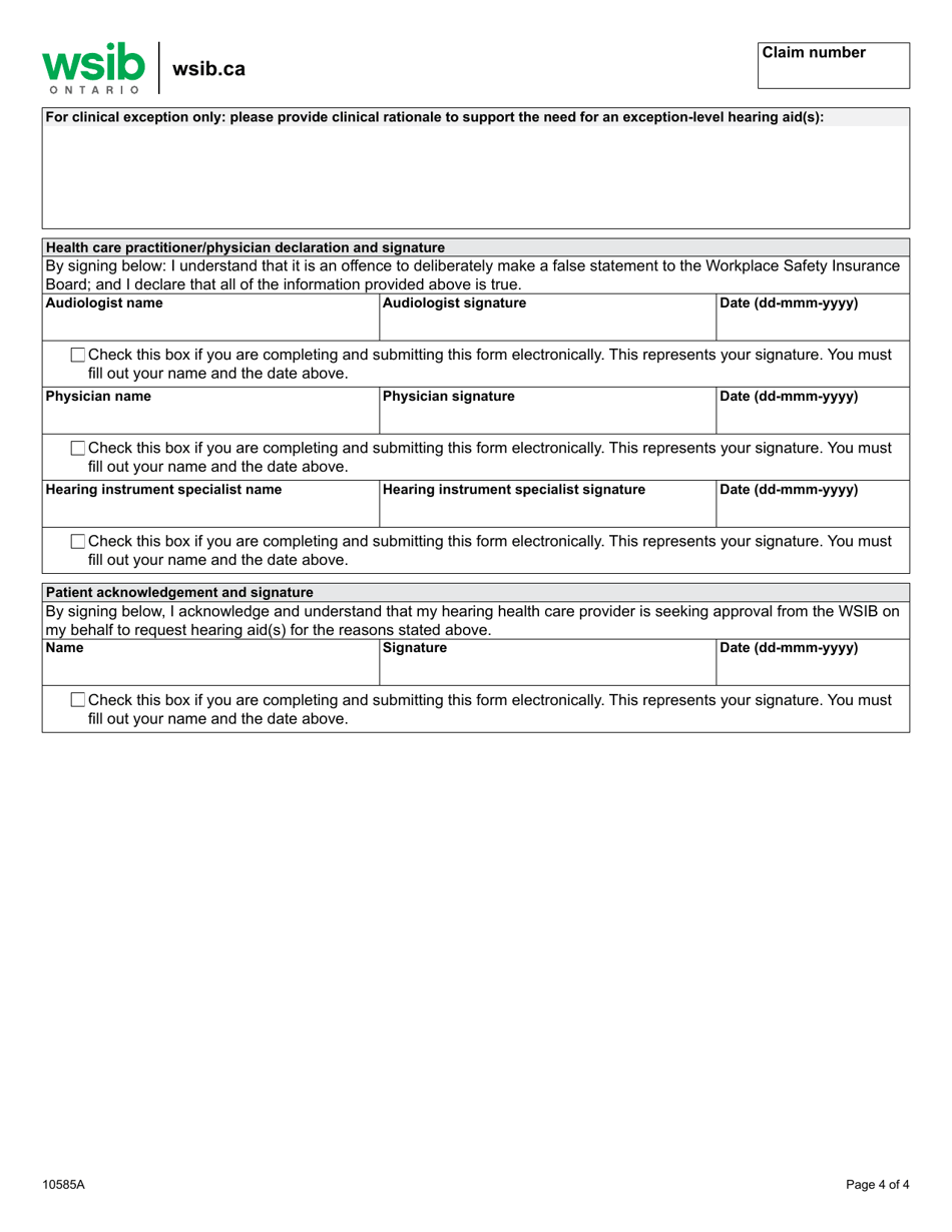 Form 10585A Hearing Aid Replacement and / or Clinical Exception Request Form - Ontario, Canada, Page 4