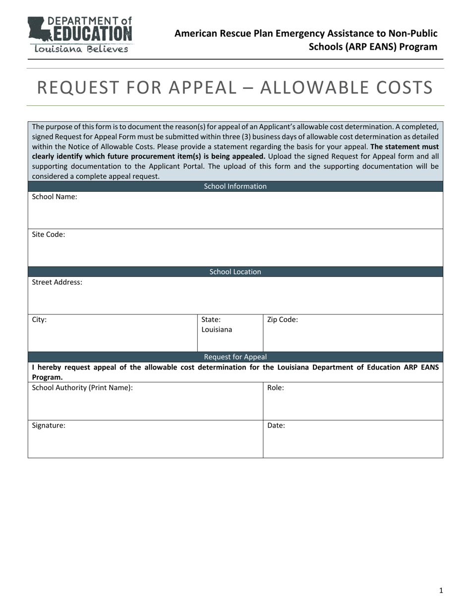 Request for Appeal - Allowable Costs - American Rescue Plan Emergency Assistance to Non-public Schools (Arp Eans) Program - Louisiana, Page 1