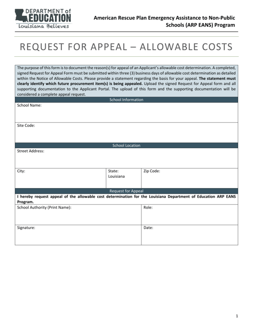 Request for Appeal - Allowable Costs - American Rescue Plan Emergency Assistance to Non-public Schools (Arp Eans) Program - Louisiana