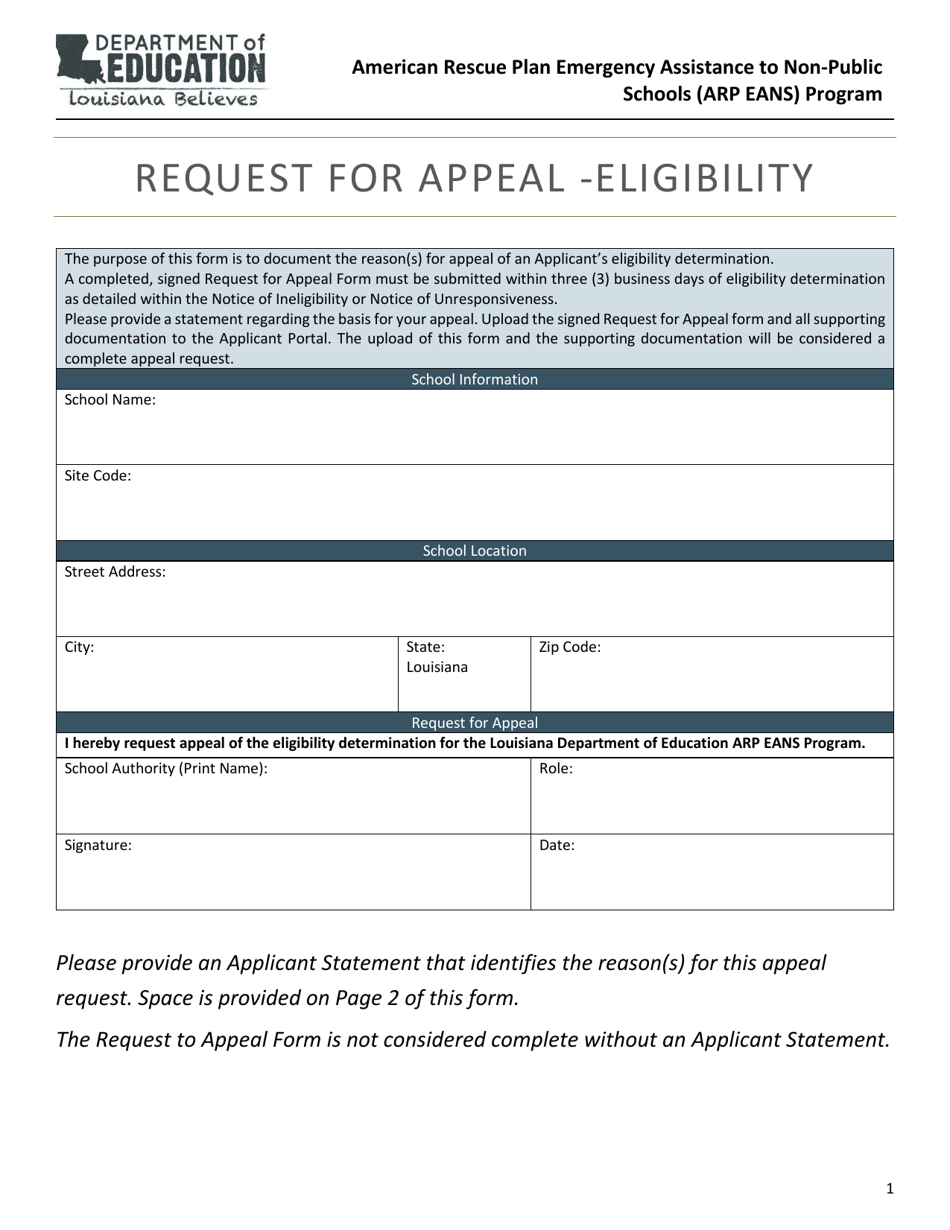 Request for Appeal - Eligibility - American Rescue Plan Emergency Assistance to Non-public Schools (Arp Eans) Program - Louisiana, Page 1