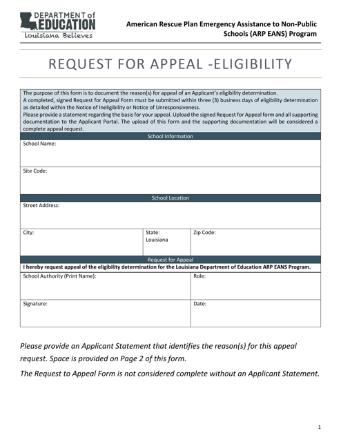 Request for Appeal - Eligibility - American Rescue Plan Emergency Assistance to Non-public Schools (Arp Eans) Program - Louisiana Download Pdf