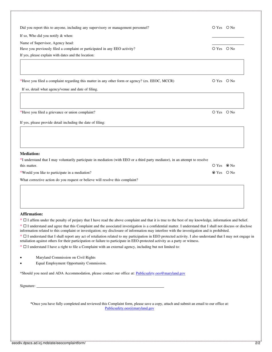 Internal Complaint of Discrimination / Unfair Employment Practices Form - Maryland, Page 2