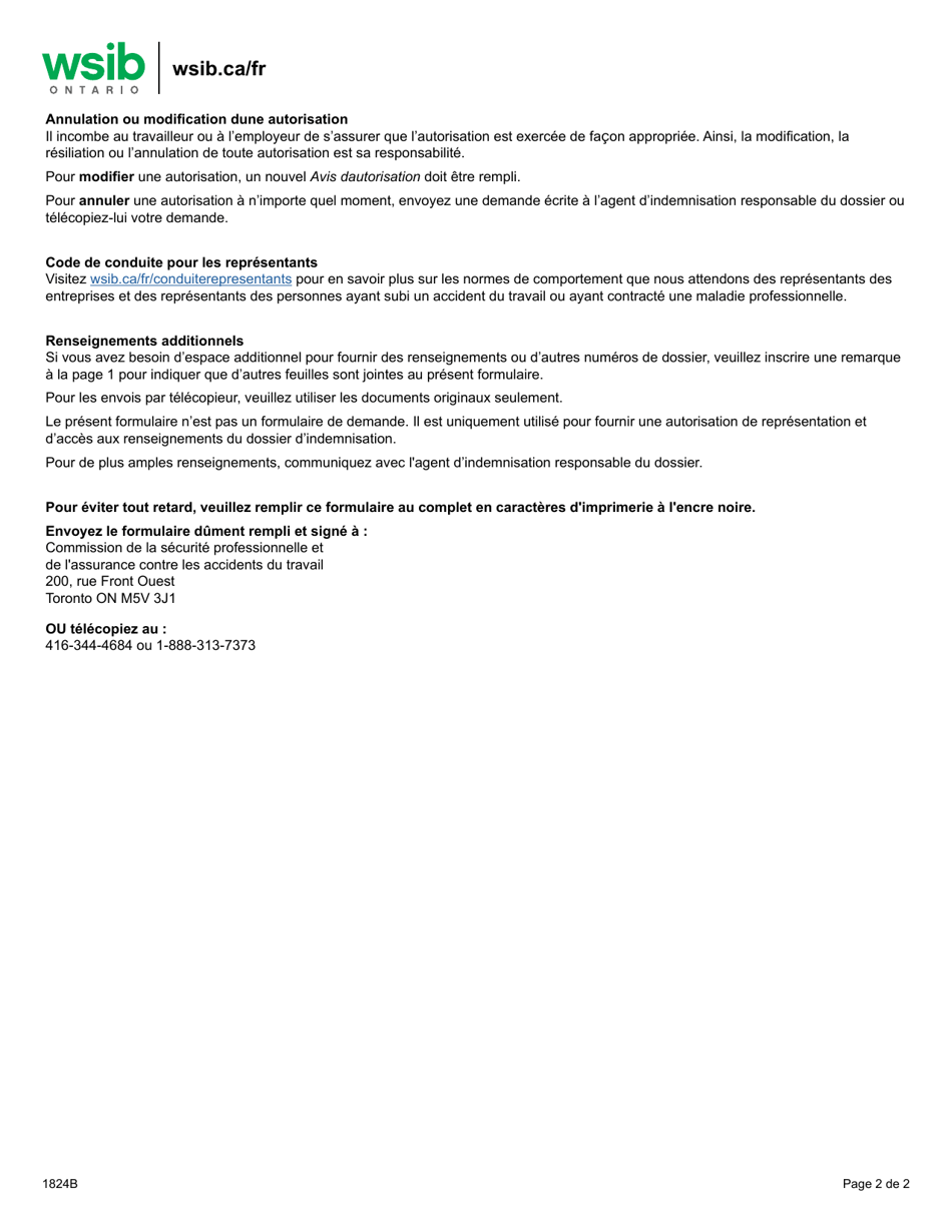 Forme 1824B Avis Dautorisation - Dossiers Dindemnisation - Ontario, Canada (French), Page 2