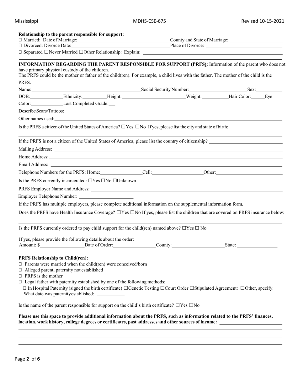 Form MDHS-CSE-675 Application for Child Support Services - Mississippi, Page 2