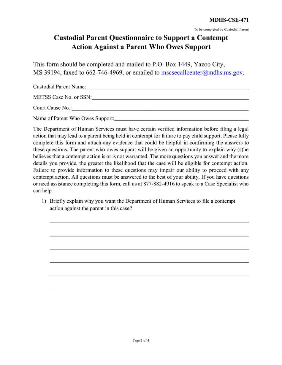 Form MDHS-CSE-471 Custodial Parent Questionnaire to Support a Contempt Action Against a Parent Who Owes Support - Mississippi, Page 1