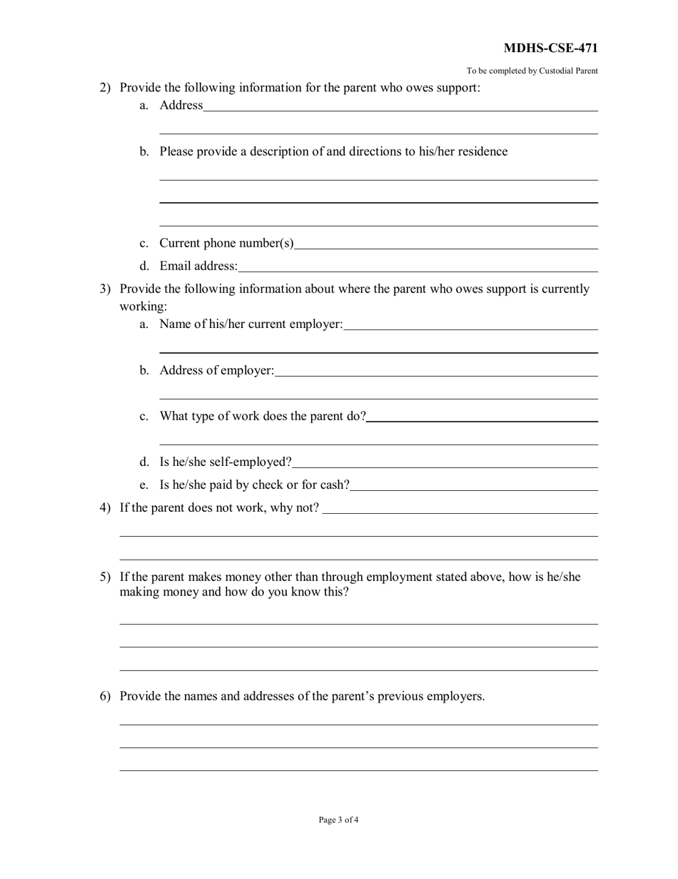 Form MDHS-CSE-471 Custodial Parent Questionnaire to Support a Contempt Action Against a Parent Who Owes Support - Mississippi, Page 2