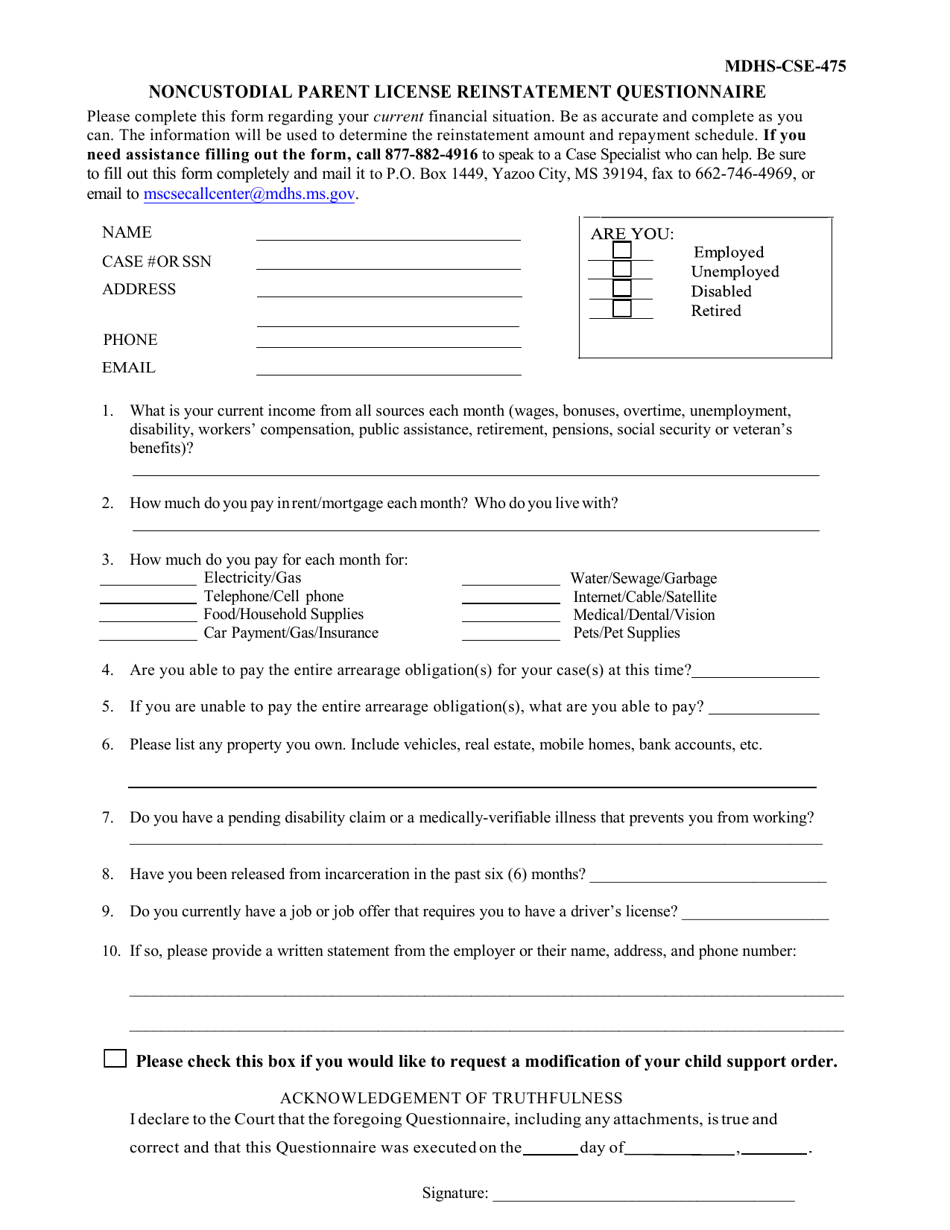 Form MDHS-CSE-475 Noncustodial Parent License Reinstatement Questionnaire - Mississippi, Page 1