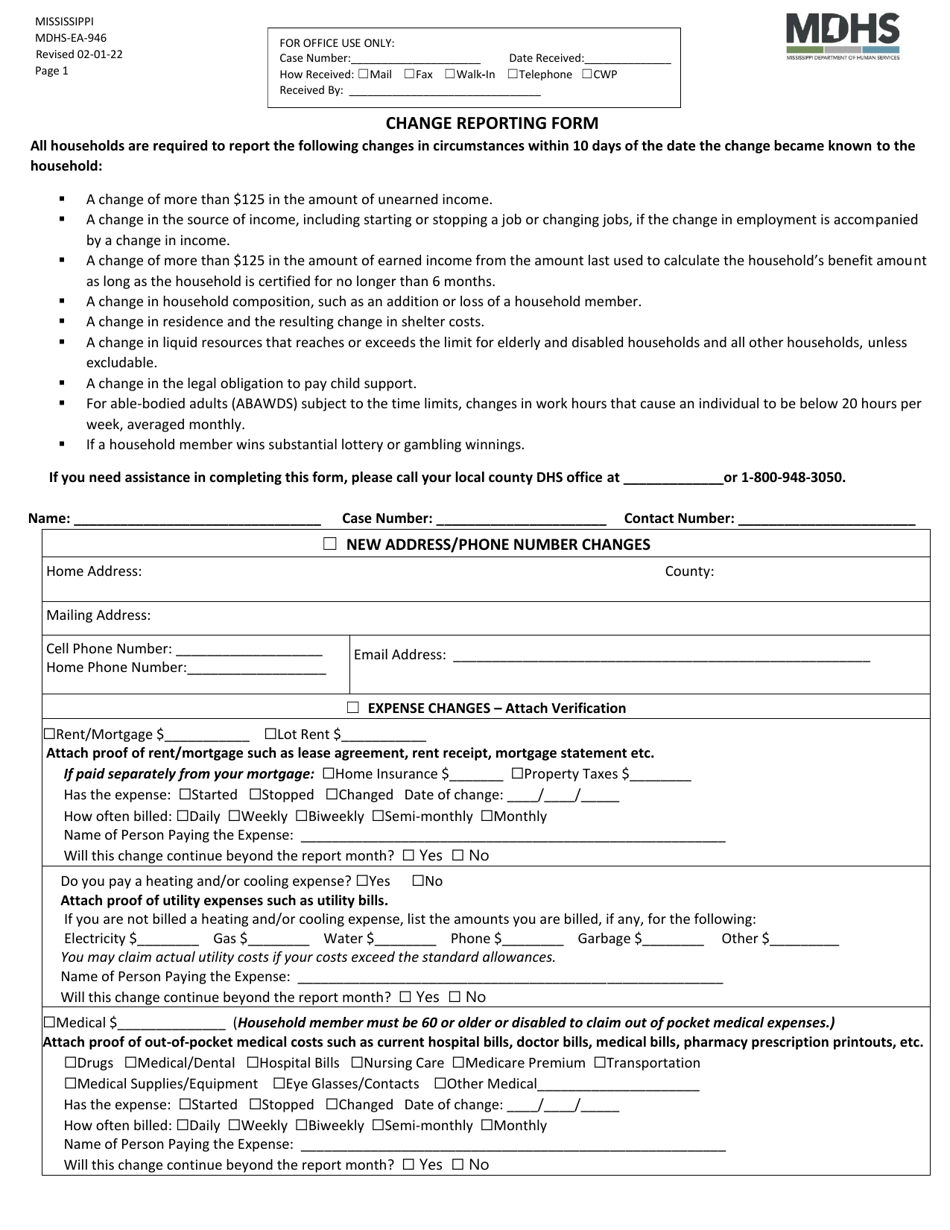 Form MDHS-EA-946 Change Reporting Form - Mississippi, Page 1