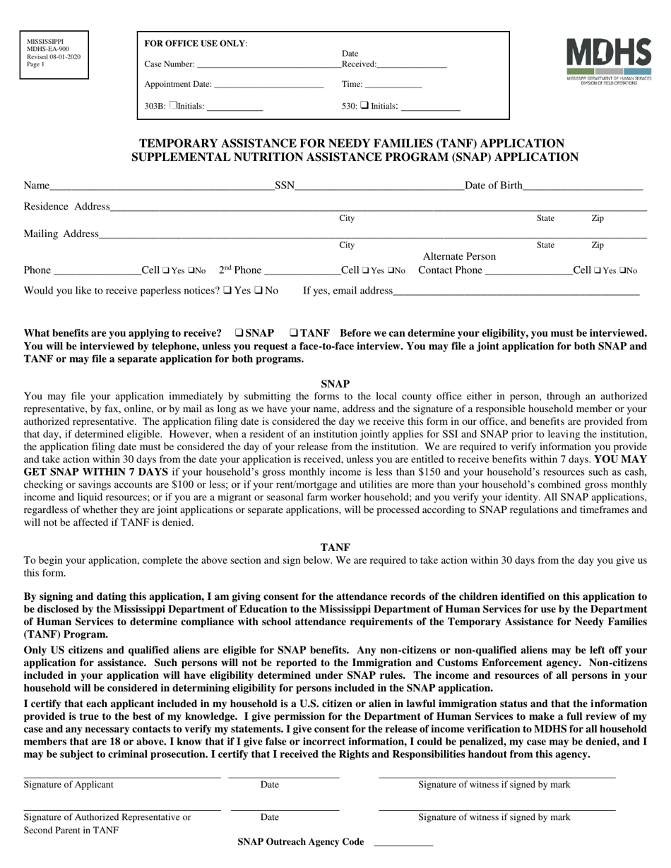 Form MDHS-EA-900 Temporary Assistance for Needy Families (TANF) Application / Supplemental Nutrition Assistance Program (Snap) Application - Mississippi, Page 1