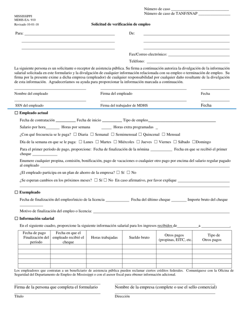 Form MDHS-EA-910  Printable Pdf