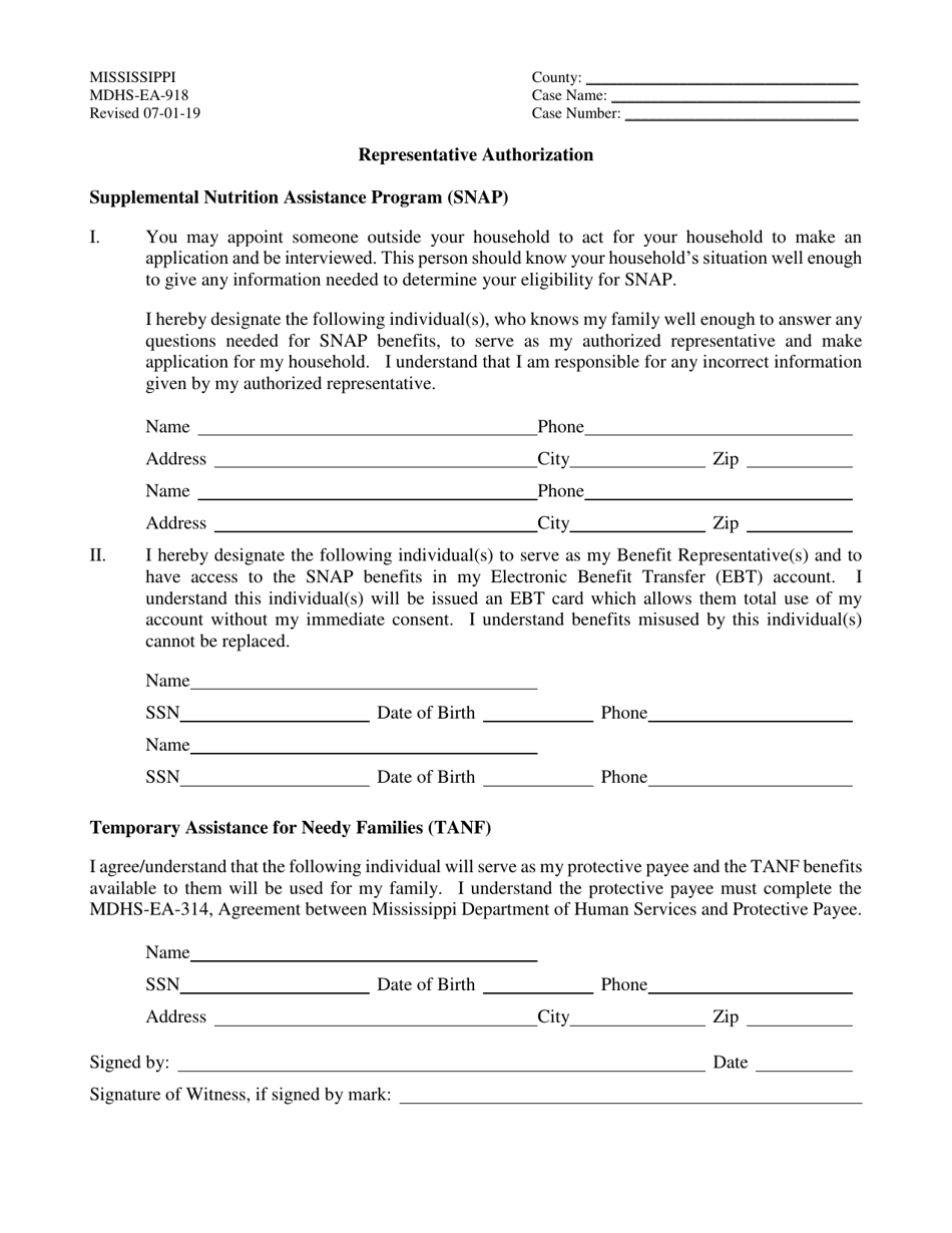 Form MDHS-EA-918 Representative Authorization - Supplemental Nutrition Assistance Program (Snap) - Mississippi, Page 1