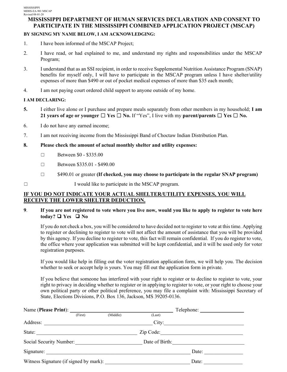 Form MDHS-EA-901 Declaration and Consent to Participate in the Mississippi Combined Application Project (Mscap) - Mississippi, Page 1