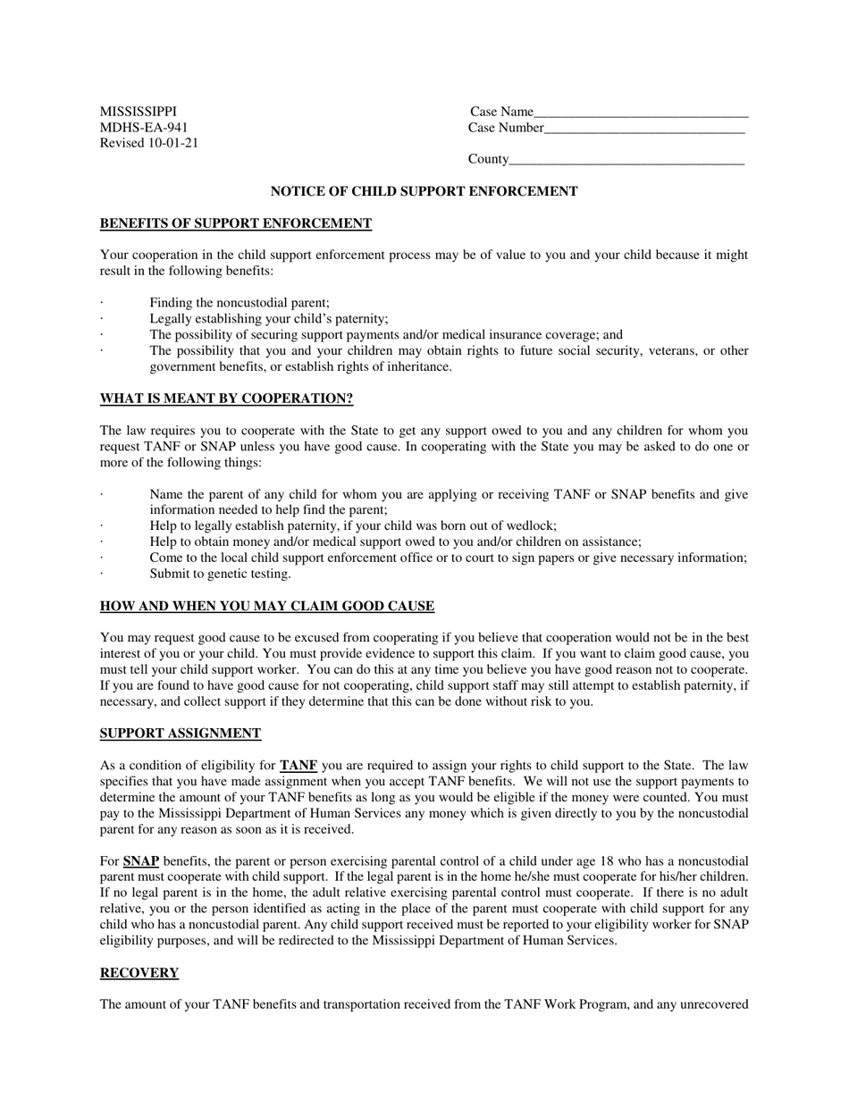 Form MDHS-EA-941 Notice of Child Support Enforcement - Mississippi, Page 1