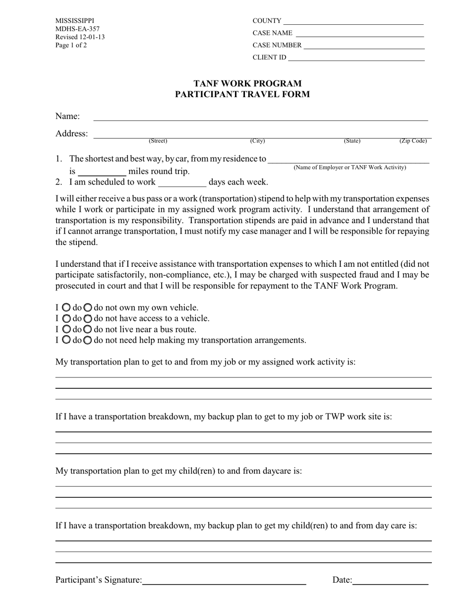 Form MDHS-EA-357 Participant Travel Form - TANF Work Program - Mississippi, Page 1