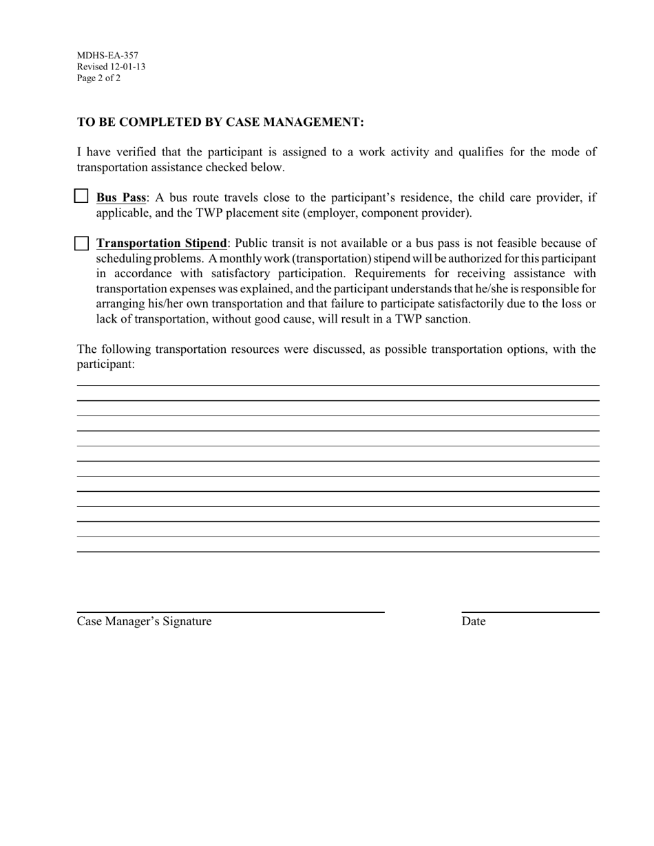 Form MDHS-EA-357 Participant Travel Form - TANF Work Program - Mississippi, Page 2