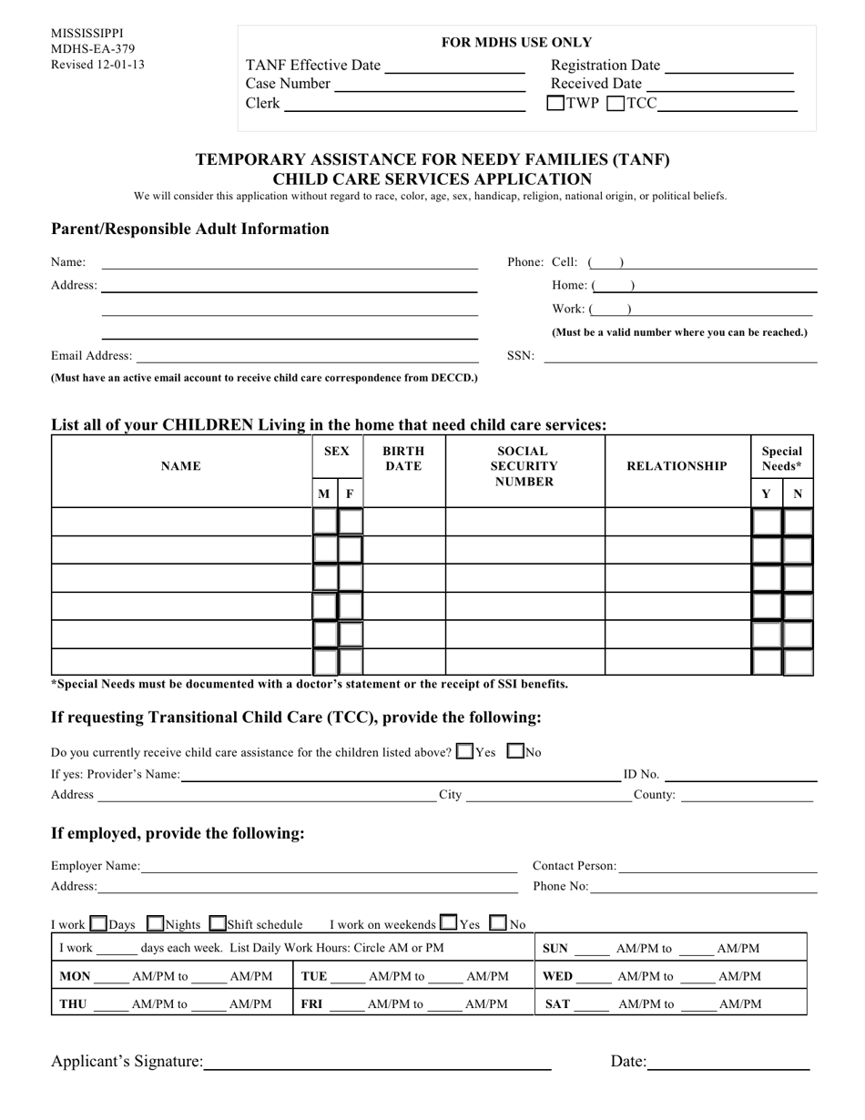 Form MDHS-EA-379 Temporary Assistance for Needy Families (TANF) Child Care Services Application - Mississippi, Page 1