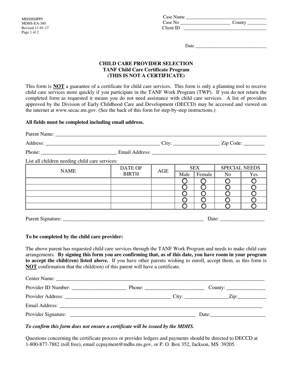 Form MDHS-EA-380 Child Care Provider Selection - TANF Child Care Certificate Program - Mississippi, Page 1