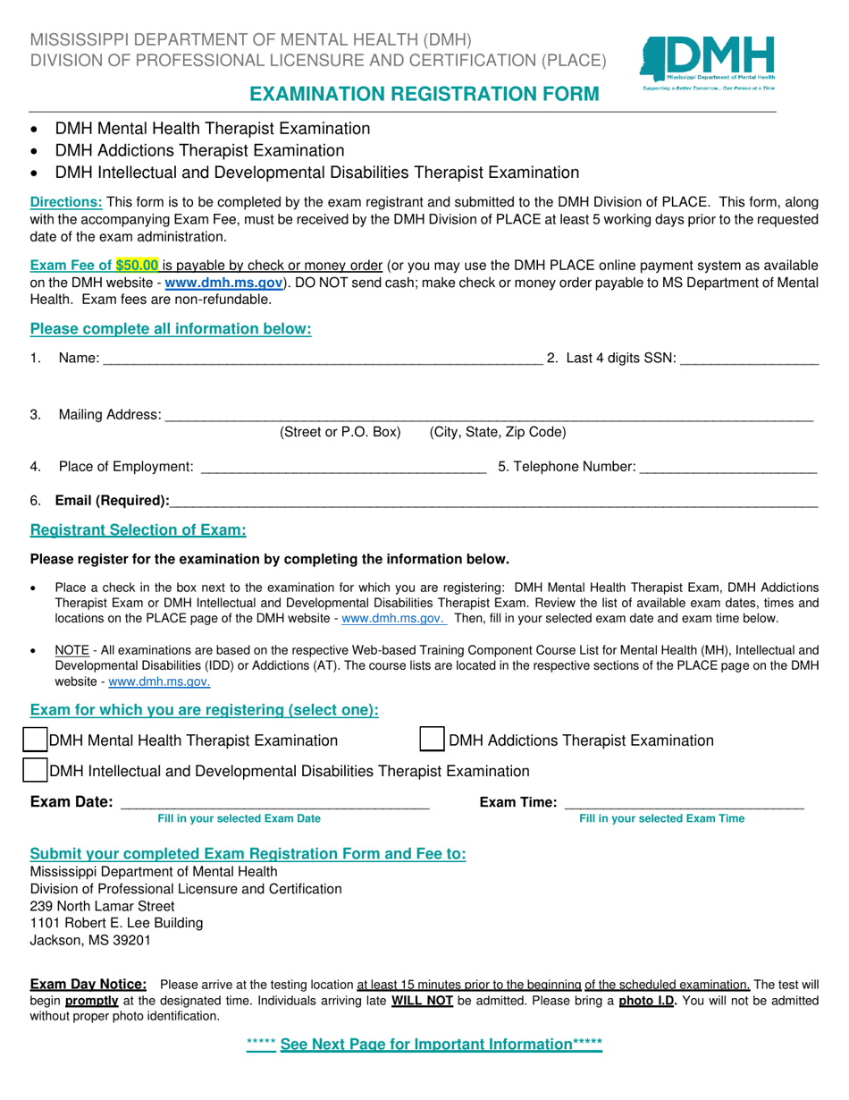 Examination Registration Form - Mississippi, Page 1