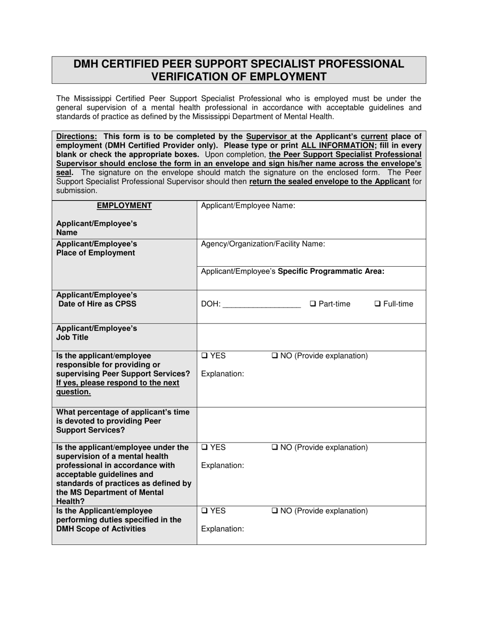 Dmh Certified Peer Support Specialist Professional Verification of Employment - Mississippi, Page 1