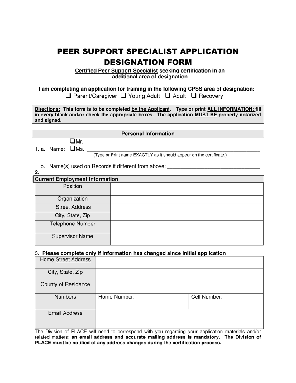 Peer Support Specialist Application Designation Form - Mississippi, Page 1