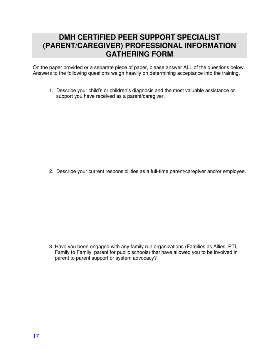 Dmh Certified Peer Support Specialist (Parent / Caregiver) Professional Information Gathering Form - Mississippi, Page 1