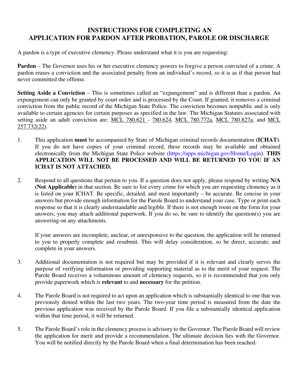Instructions for Form CFJ-515A Application for Pardon After Probation, Parole or Discharge - Michigan, Page 1