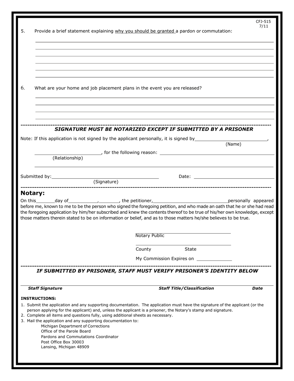Form CFJ-515 Application for Pardon or Commutation of Sentence (Current Michigan Prisoners Only) - Michigan, Page 4