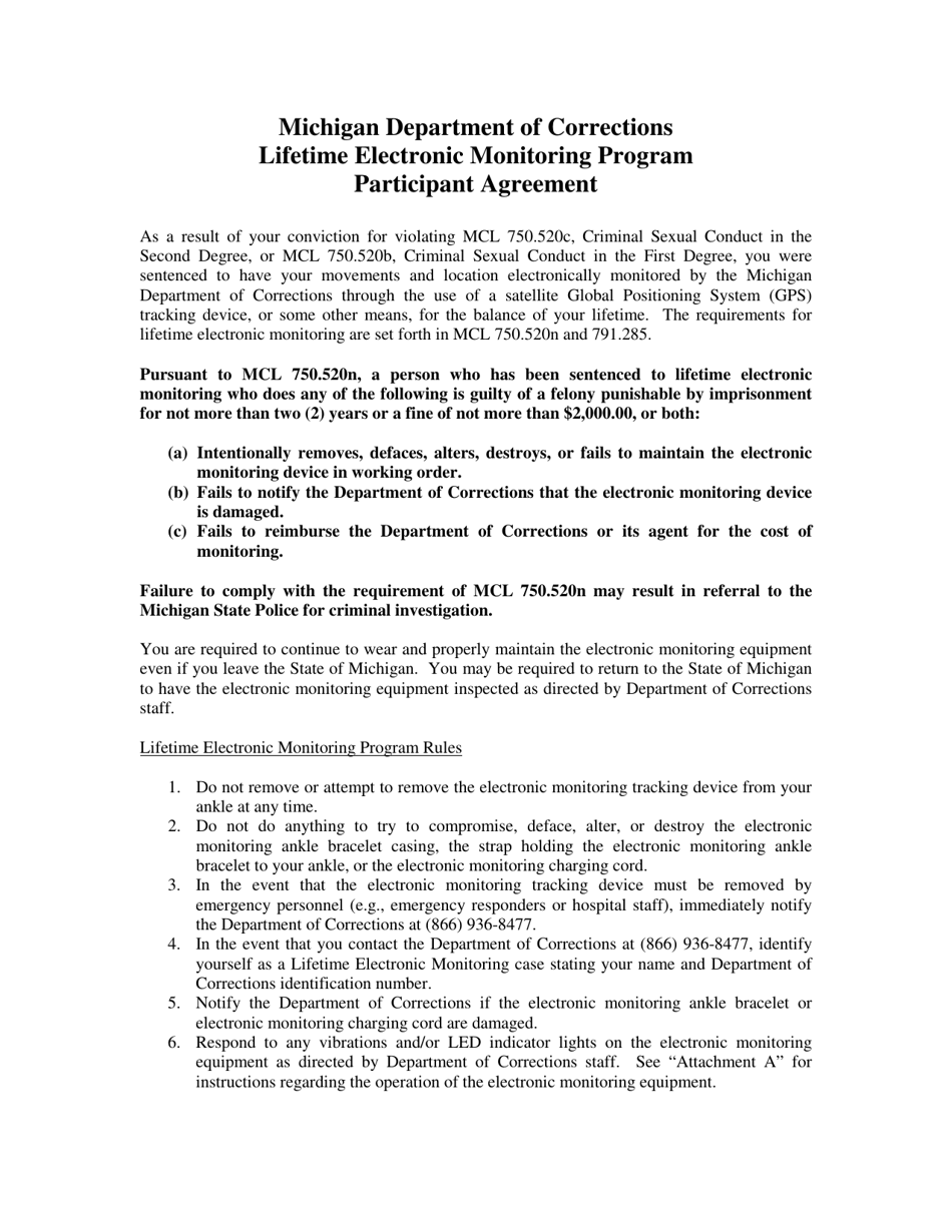 Participant Agreement - Lifetime Electronic Monitoring Program - Michigan, Page 1