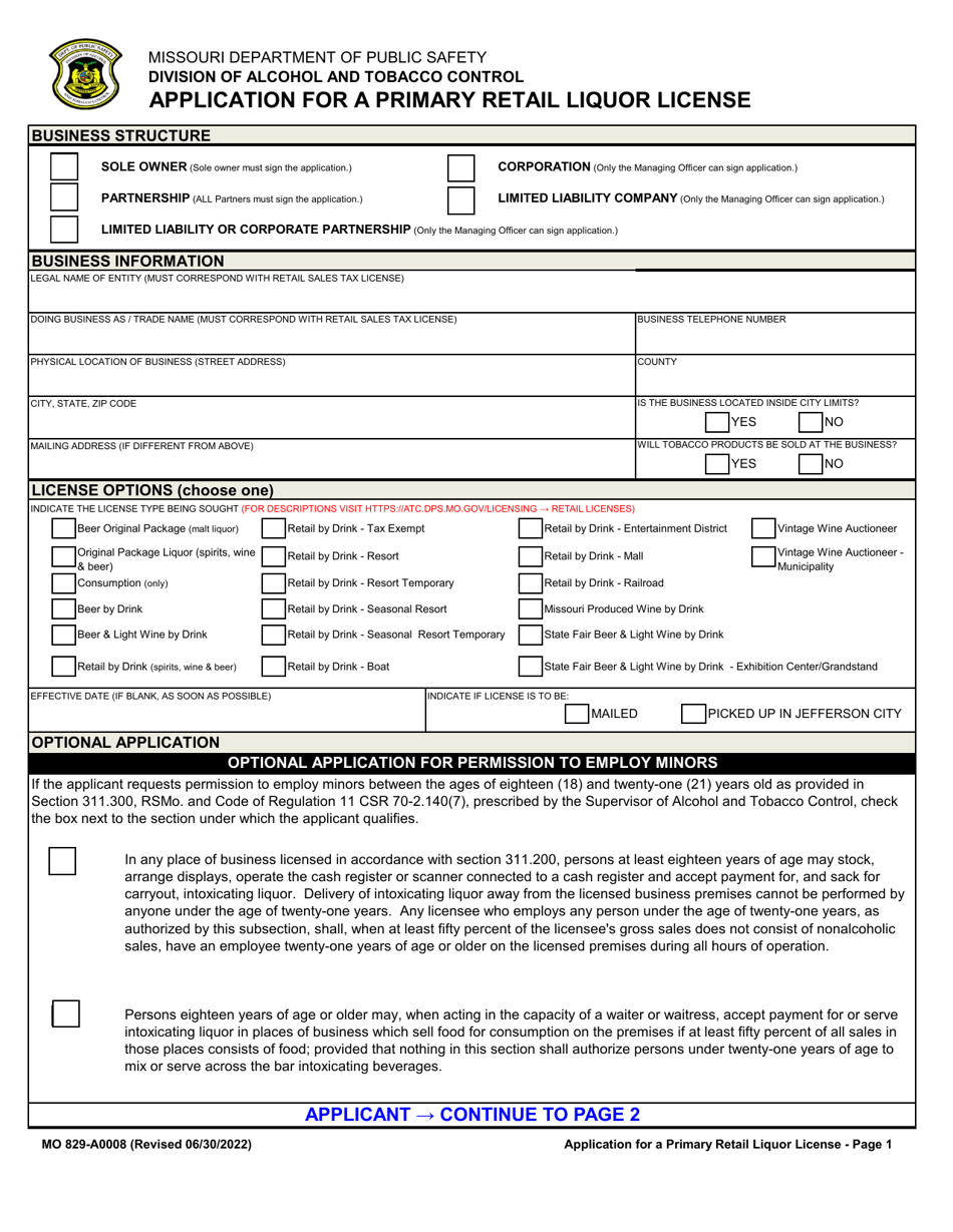 Form MO829-A0008 Application for a Primary Retail Liquor License - Missouri, Page 1