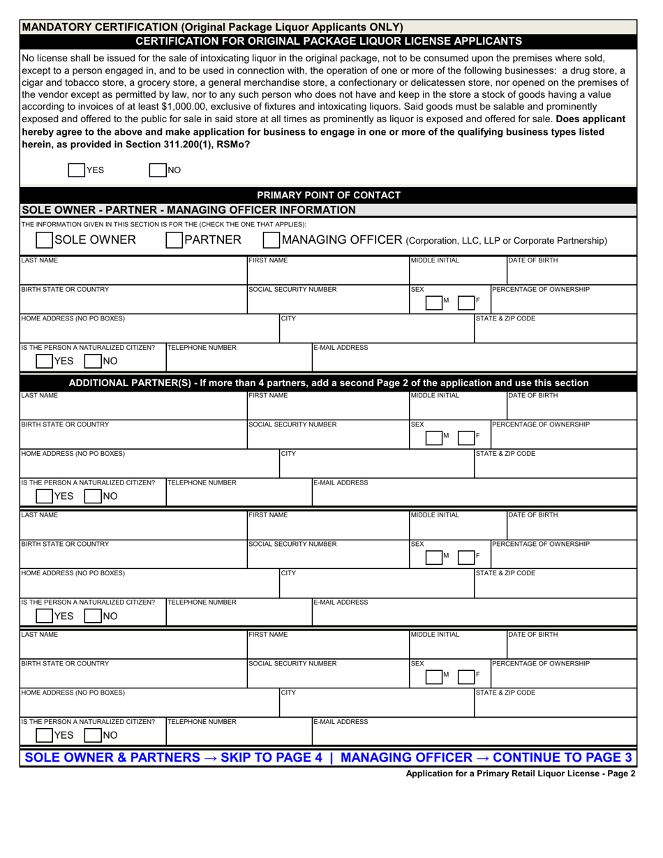 Form MO829-A0008 Application for a Primary Retail Liquor License - Missouri, Page 2